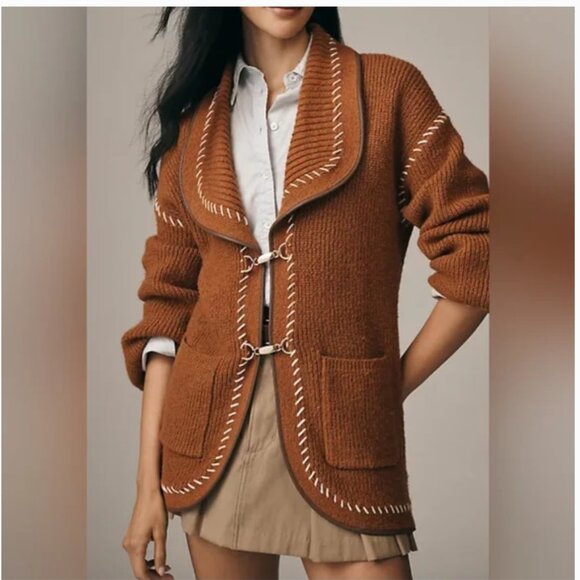 Anthropologie Sweaters - Anthropologie Faux Leather Trim Whipstitch Cardigan size S